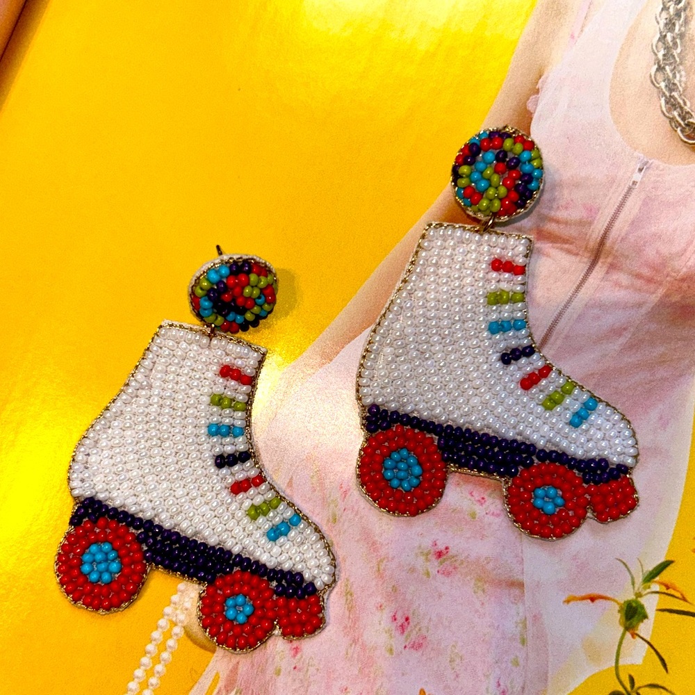 NWT beaded roller skate earrings